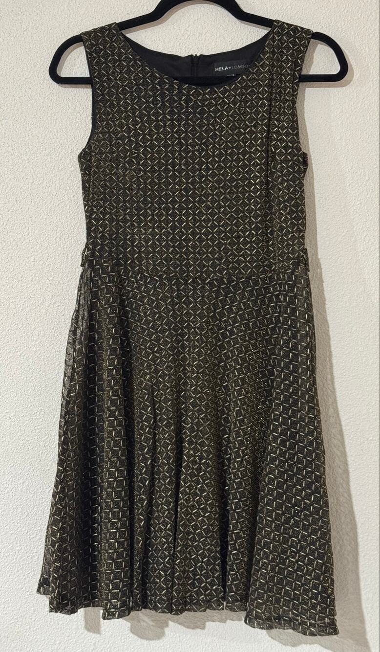 MelaLondon GoldMetallic Geometric SkaterDress FitFlare Black Polyamide Blend US6
